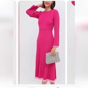 Elegant Hot Pink Ribbed Midi Dress